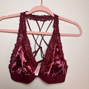 PINK Victoria’s Secret Red Velvet Lace Bralette L Strappy Back Romantic  Y2K